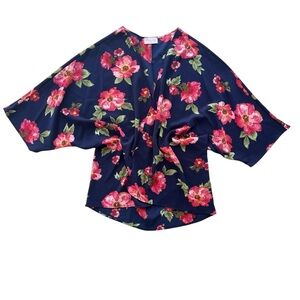 Pink Lily Women’s Sm Navy Blue Pink Peony Floral 3/4 Sleeve Open Kimono Cardigan